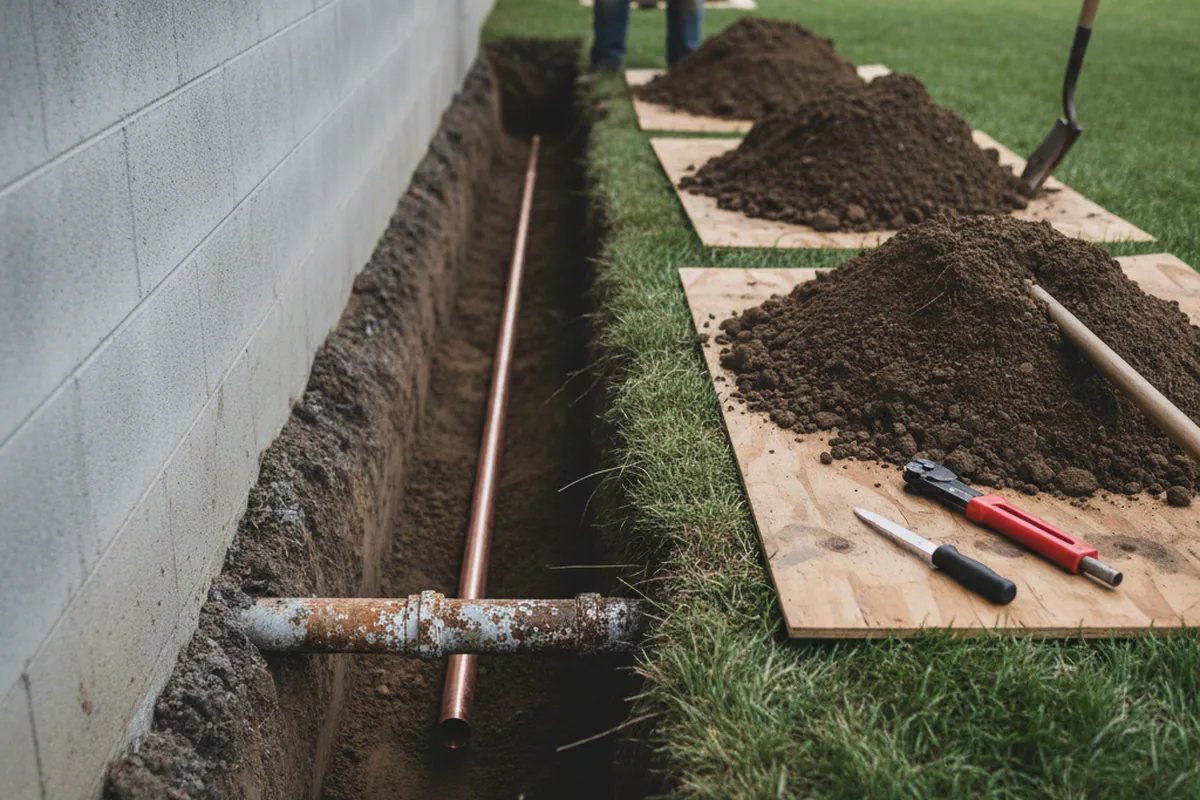 Excavated water line trench during Water Heater Repair in Hinkle